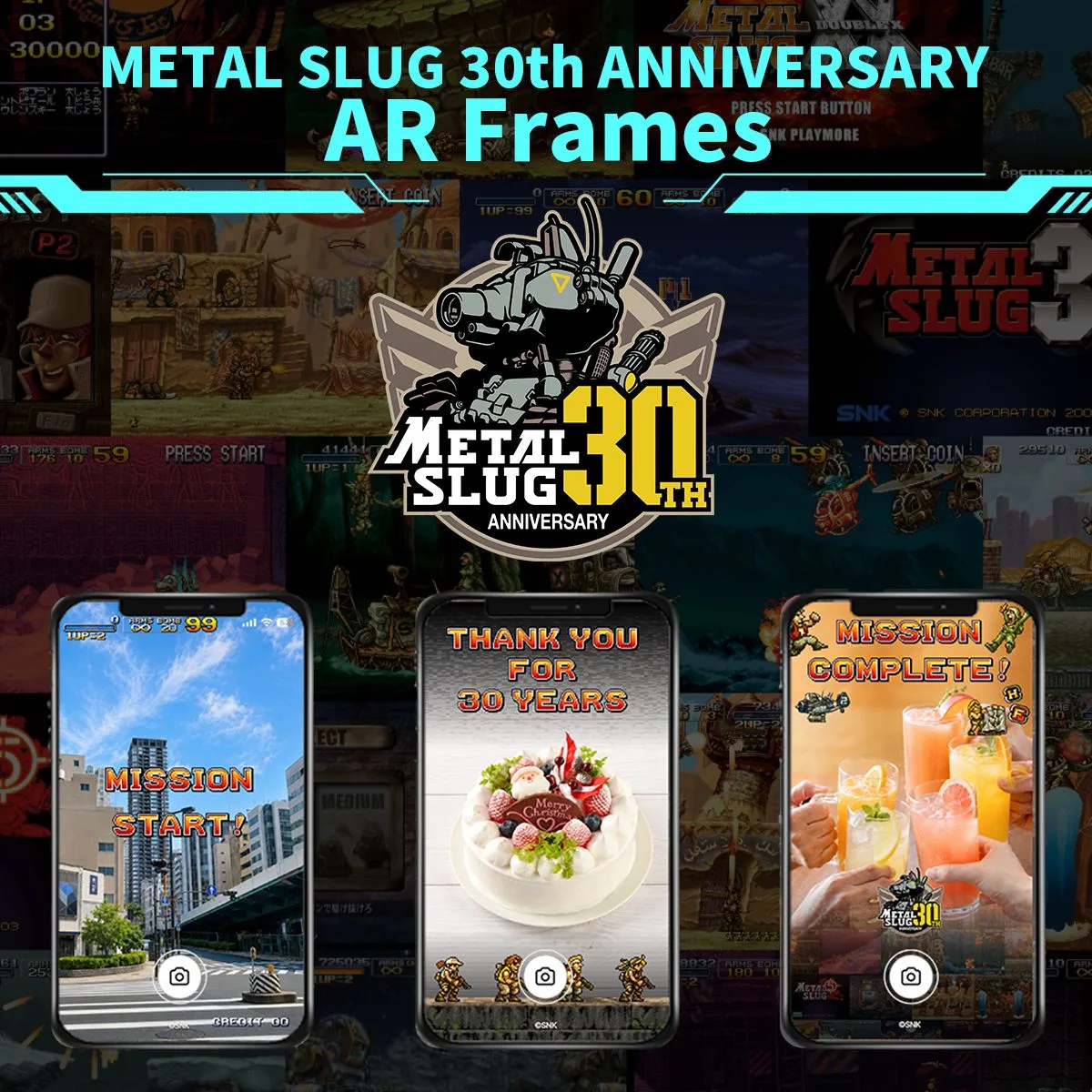 Metal Slug 30th Anniversary AR frames promotional artwork showing three augmented reality camera experiences