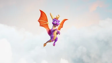 Spyro mid-flight with his wings spread against a cloudy sky in Spyro: A Realm Beyond