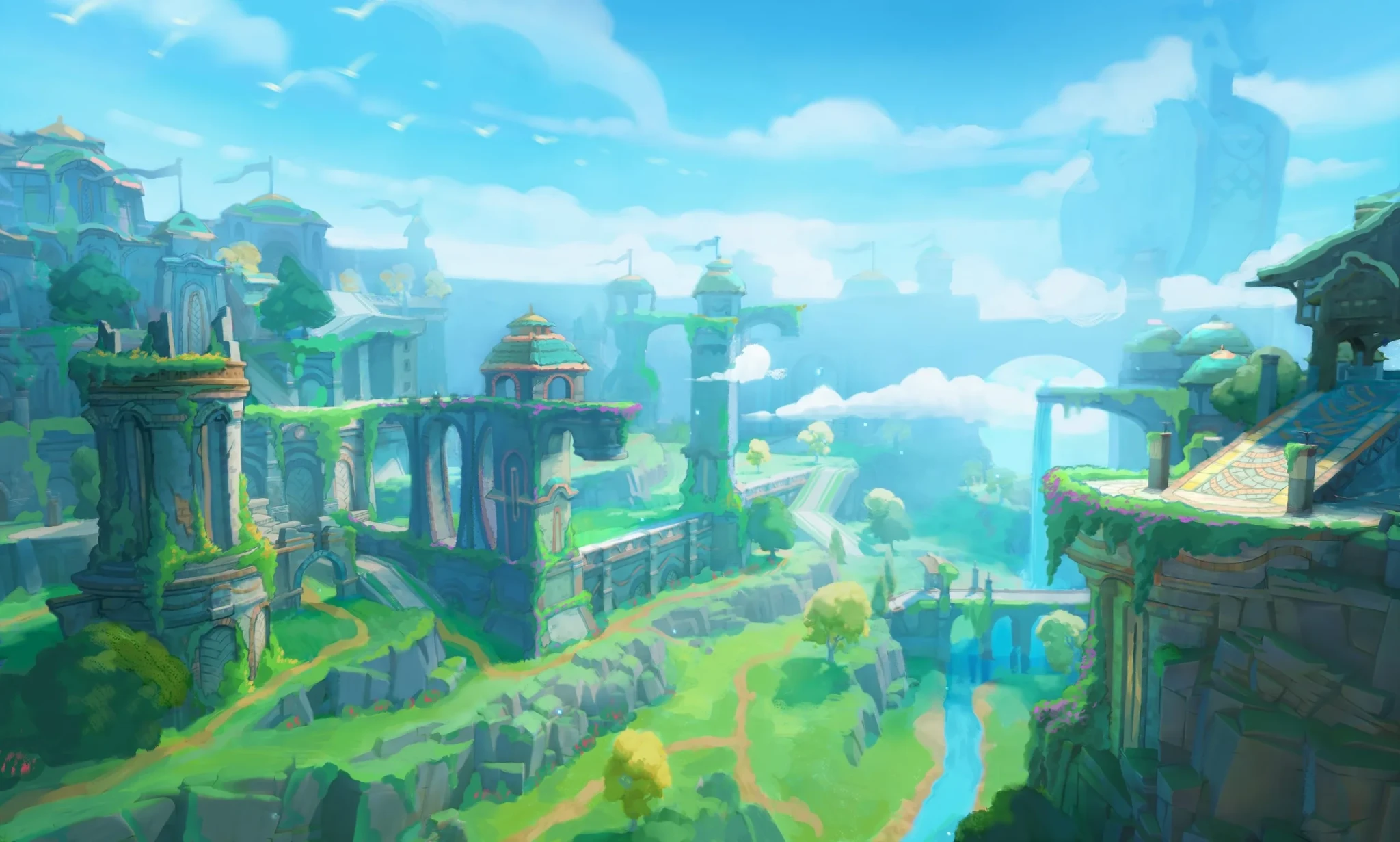 Arcadian Vale in Spyro: A Realm Beyond, with ornate blue castles and green valleys connected by bridges