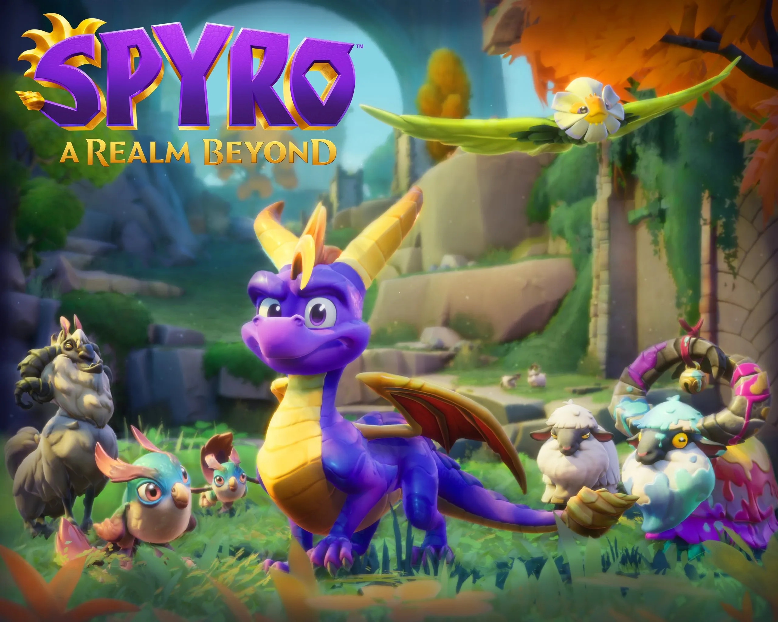 Spyro and his companions exploring Arcadian Vale in Spyro: A Realm Beyond