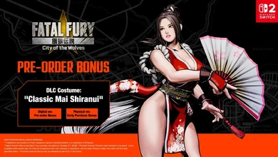 Mai Shiranui in her classic red and white costume with a fan, key art for Fatal Fury: City of the Wolves on Nintendo Switch 2