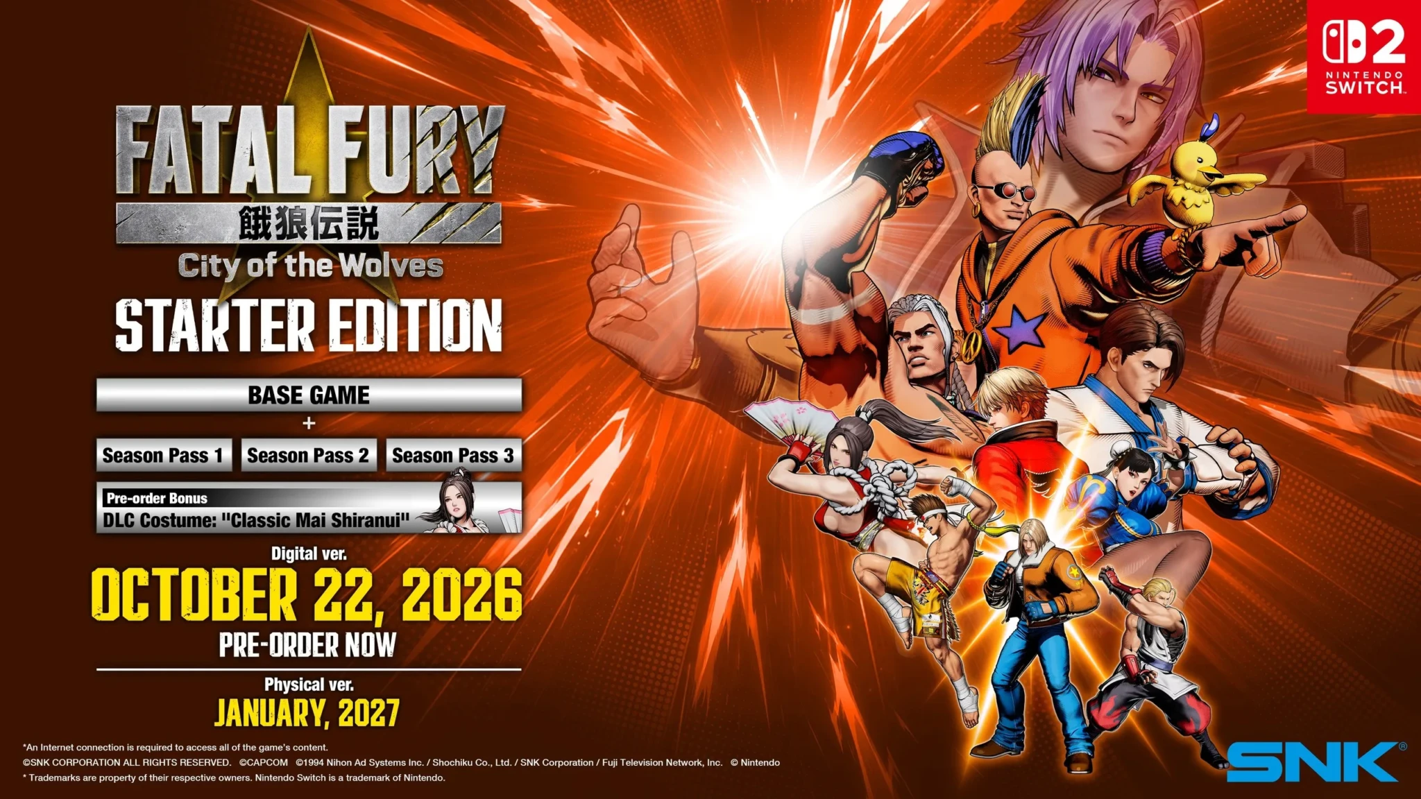 Key art for Fatal Fury: City of the Wolves Starter Edition on Nintendo Switch 2 with the Classic Mai Shiranui preorder costume