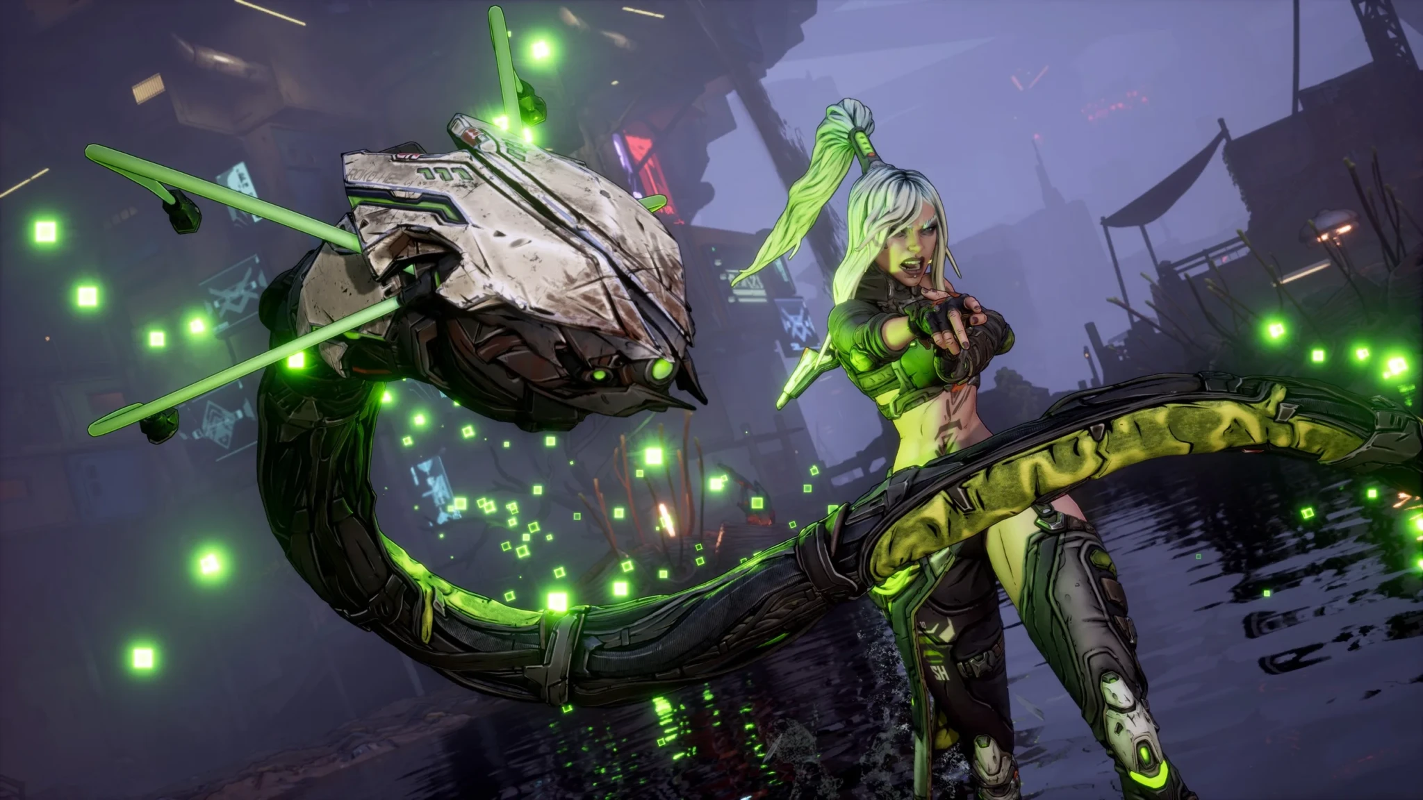 Amara surrounded by purple neon energy in Bounty Pack 5 key art