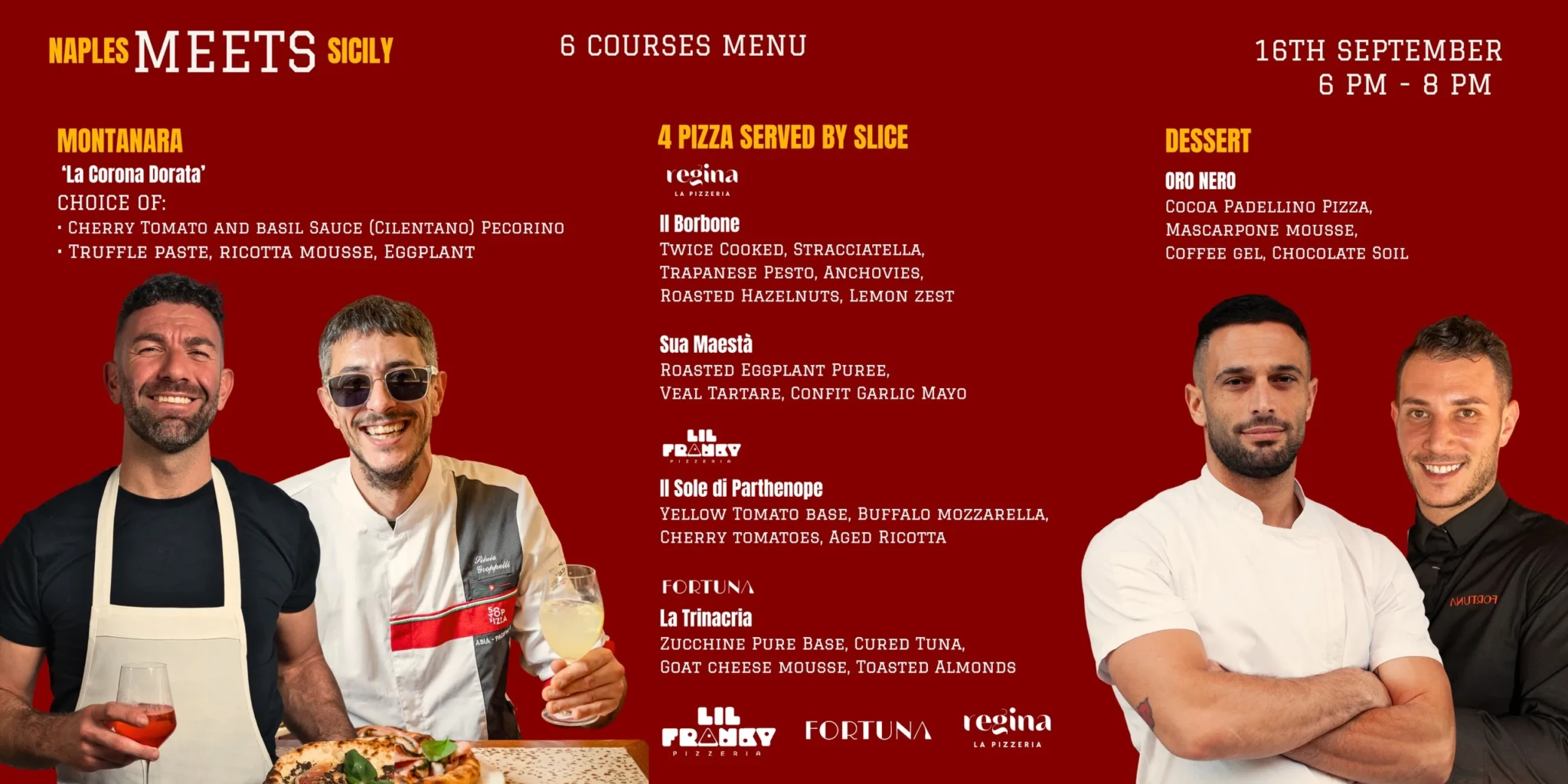 Naples Meets Sicily banner showing pizza slices, dessert and the participating chefs