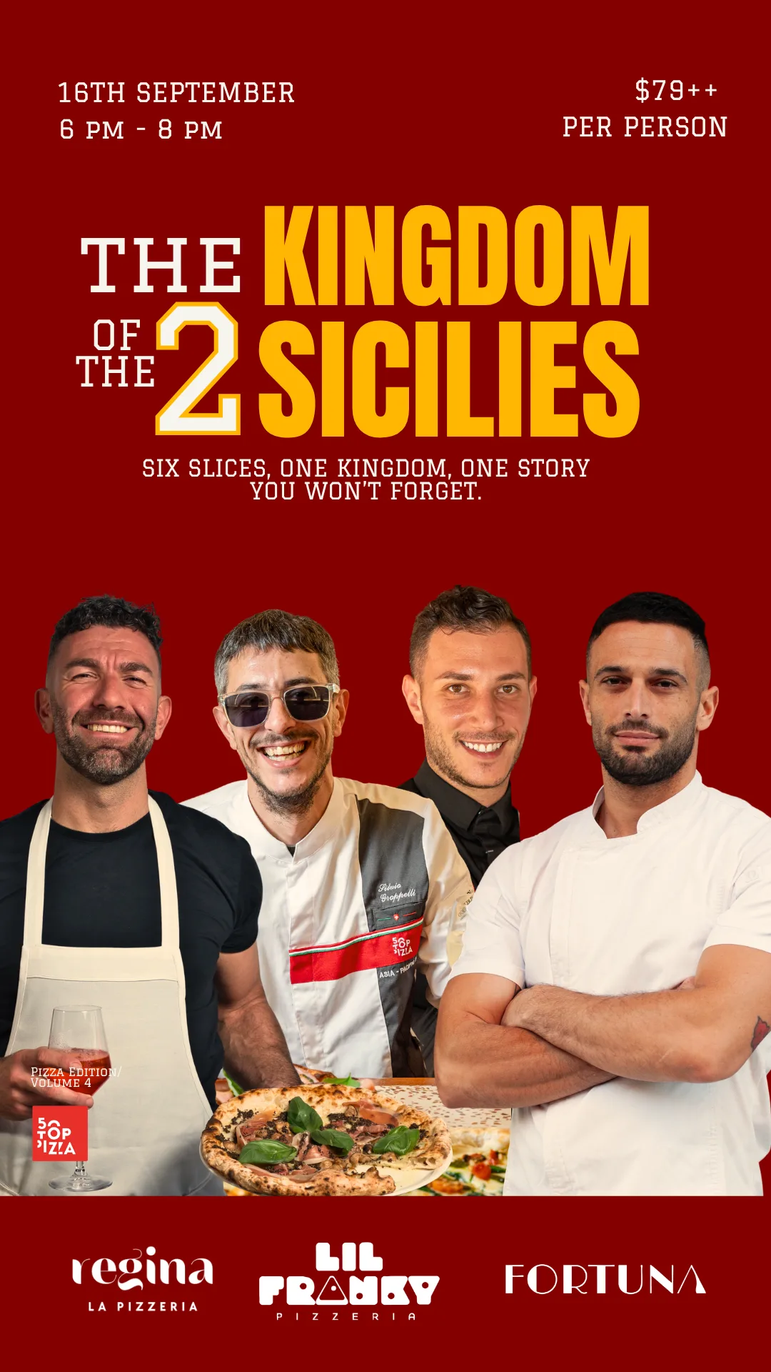 Four chefs posing for Fortuna's The Kingdom of the 2 Sicilies pizza collaboration