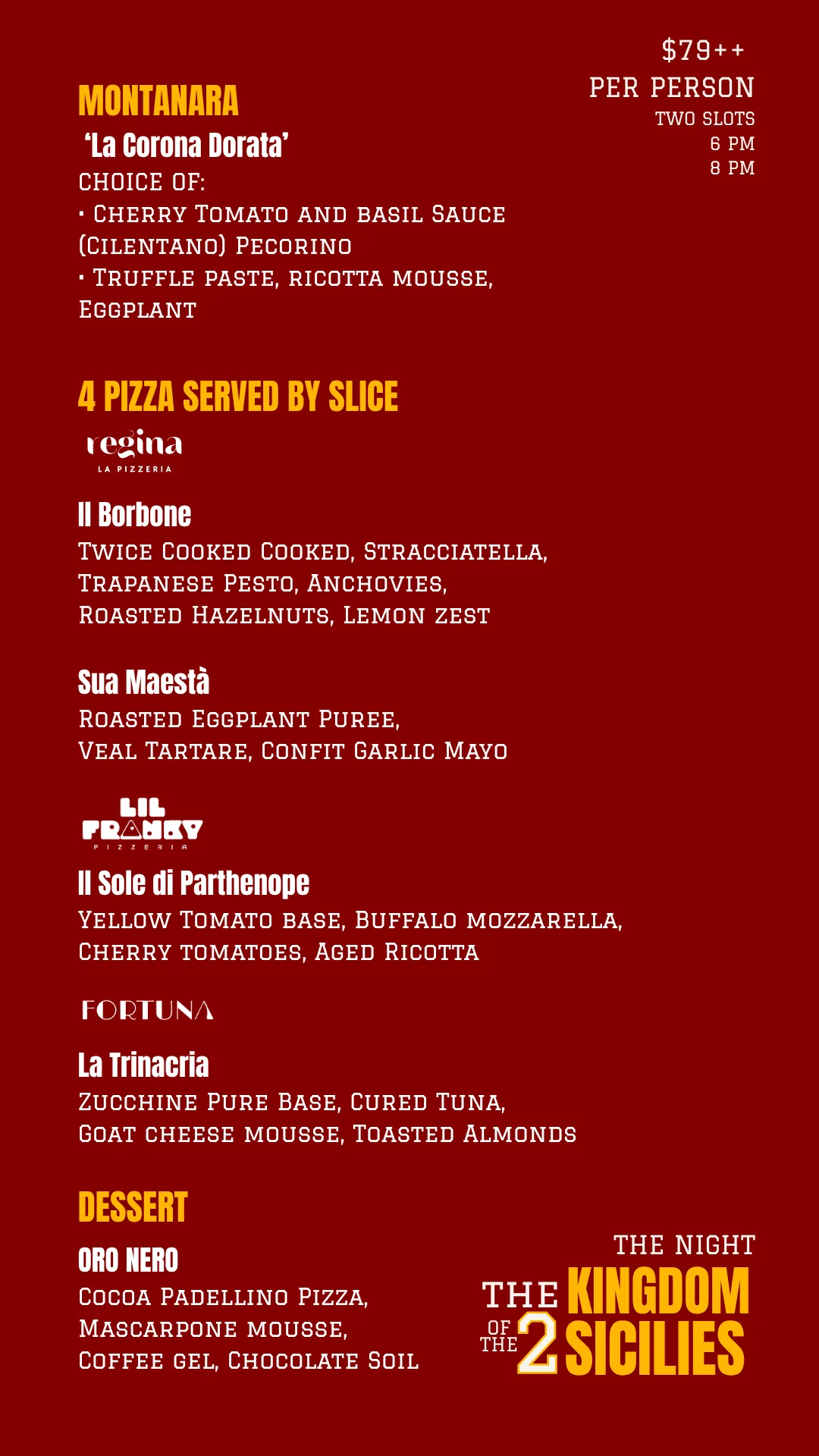 Fortuna's The Kingdom of the 2 Sicilies menu card priced at S$79++ per person
