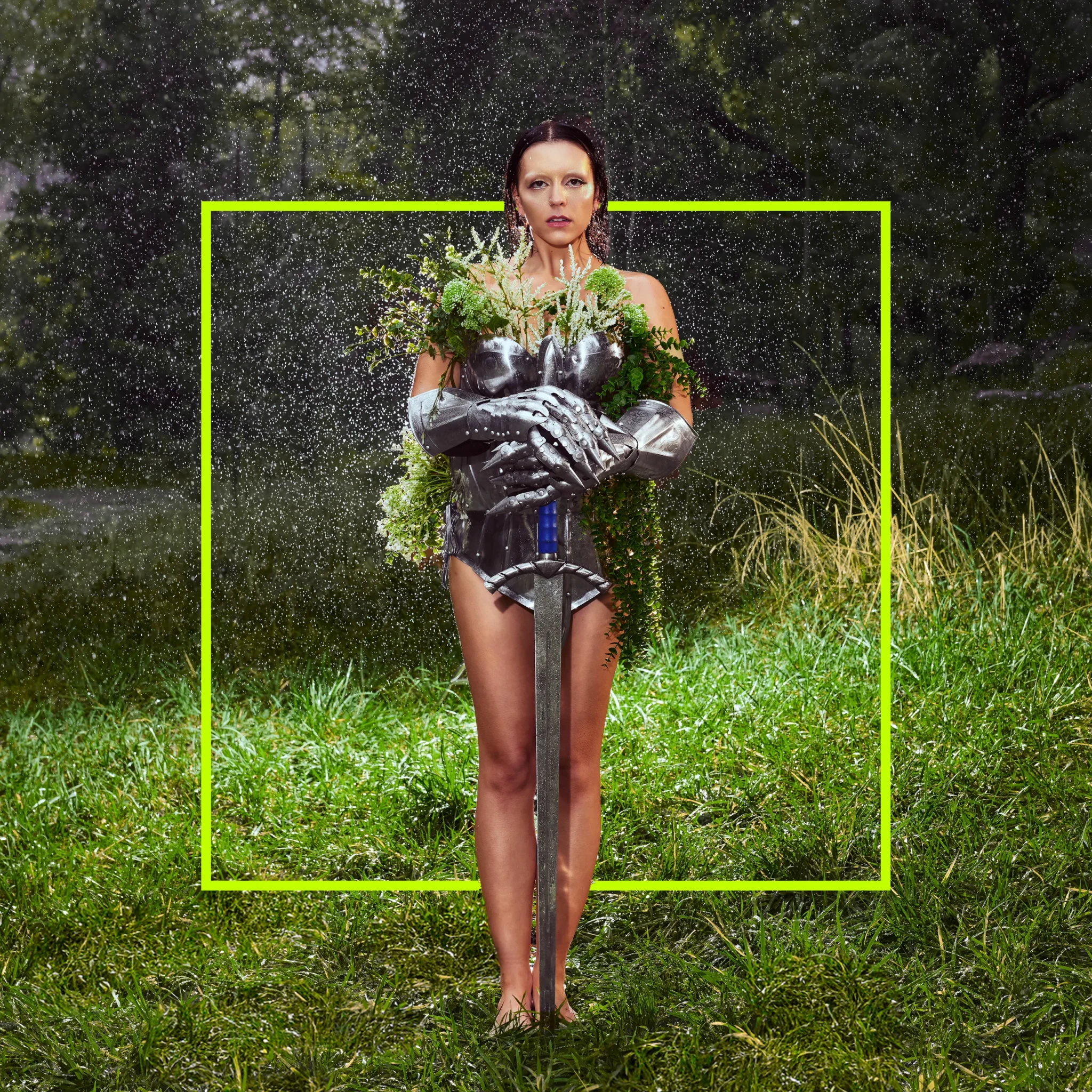 Cover art showing a figure in dark armour holding a sword among green vegetation, framed by a neon yellow rectangle