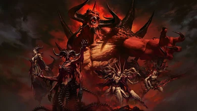 Horned demons rising from a fiery underworld in Diablo 30th anniversary key art
