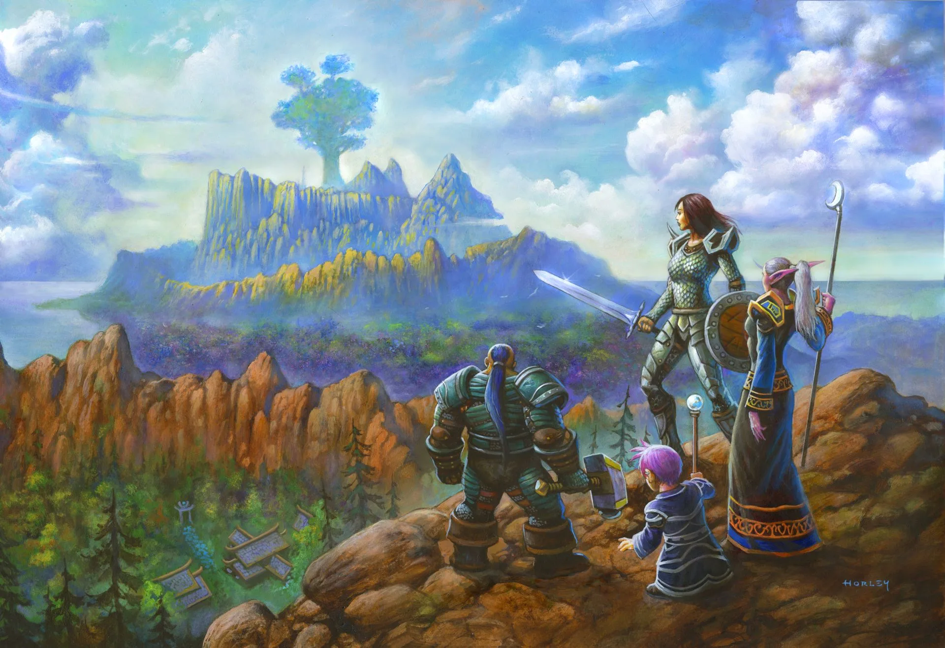 Alliance heroes in armour standing among mountains in World of Warcraft: Forever key art