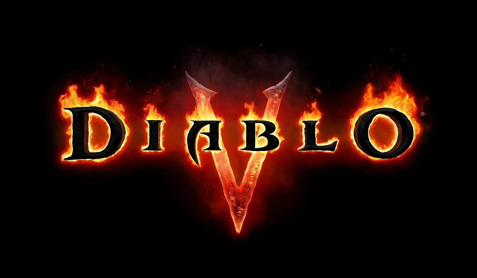 Diablo V logo in flaming black and gold lettering with demonic horns