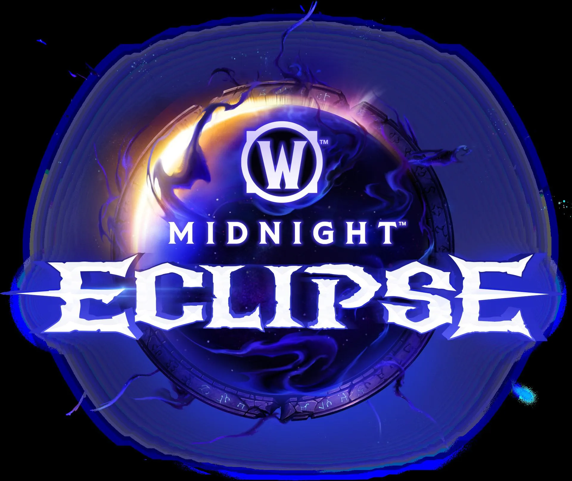 World of Warcraft: Midnight Eclipse logo glowing in blue and purple energy