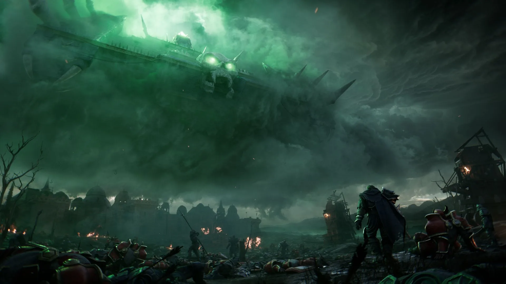 A huge glowing creature looming over smoking ruins in a Warcraft III: Reforged Forsaken Kingdom cinematic