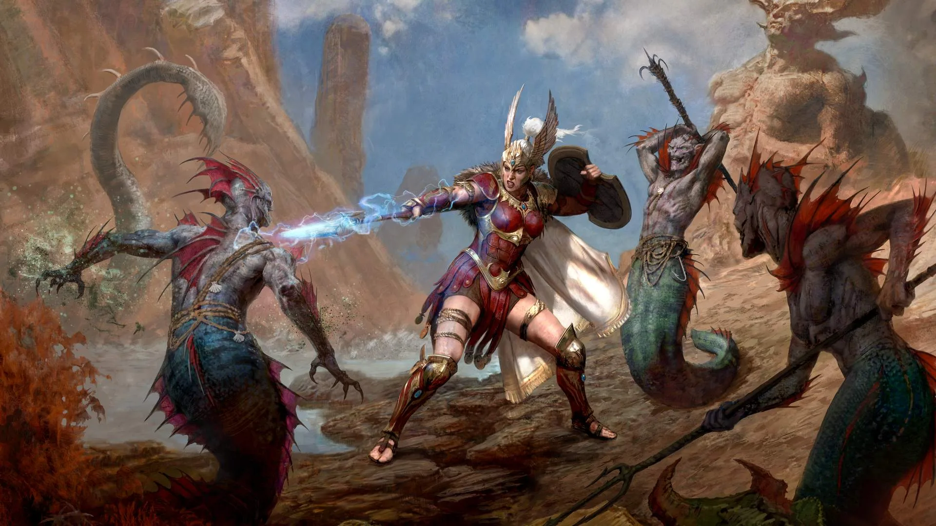 An Amazon in ornate armour wielding magic against demons in the desert in Diablo IV key art