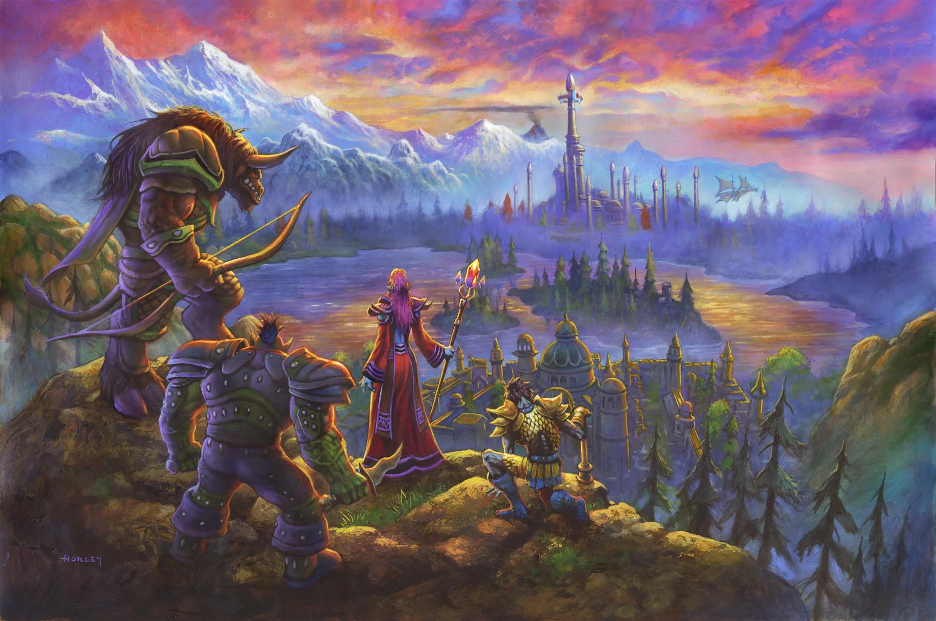 Horde characters on a rocky outcrop above a castle-filled valley in World of Warcraft: Forever key art