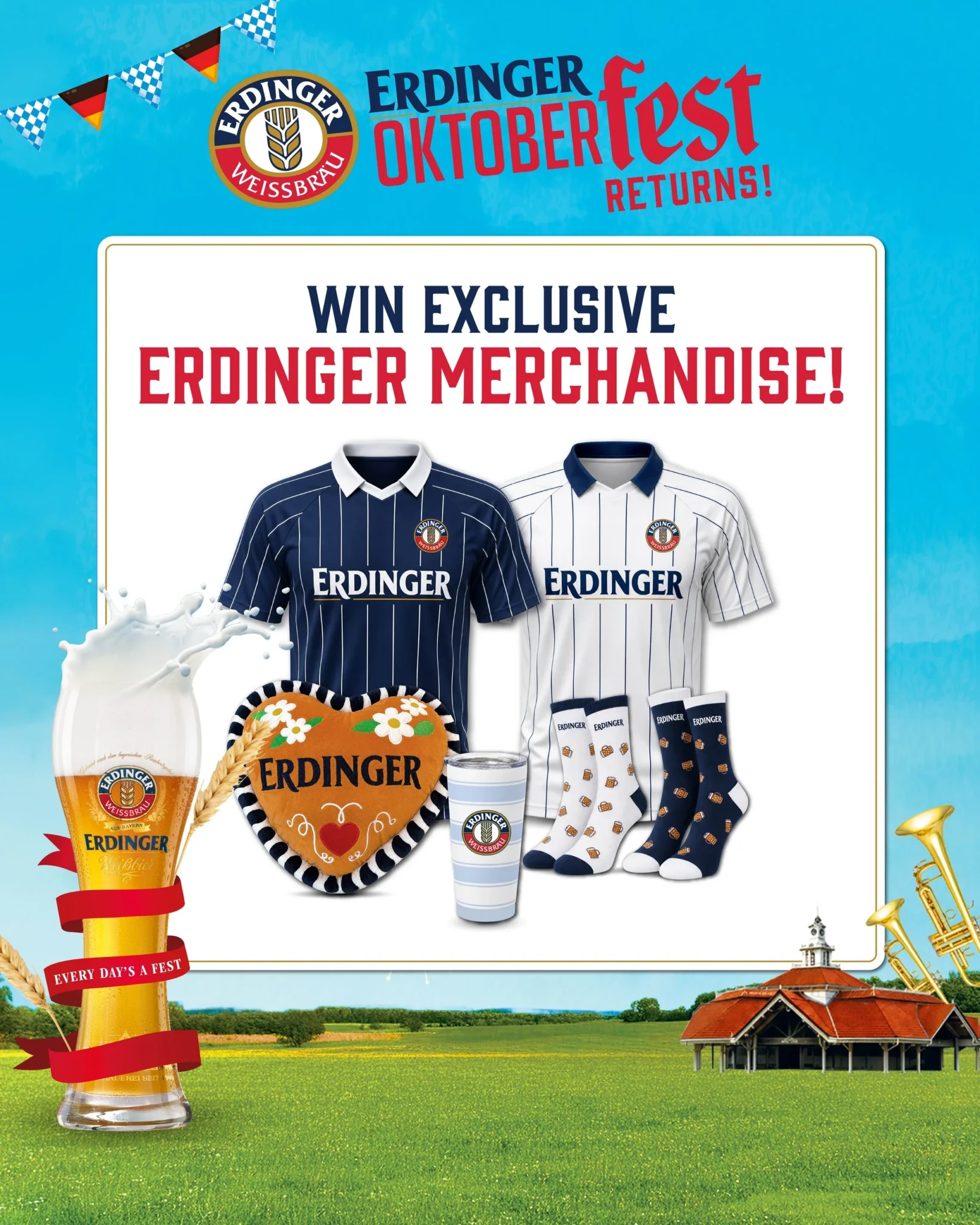 ERDINGER Oktoberfest merchandise including sports jerseys and branded socks shown as festival prizes