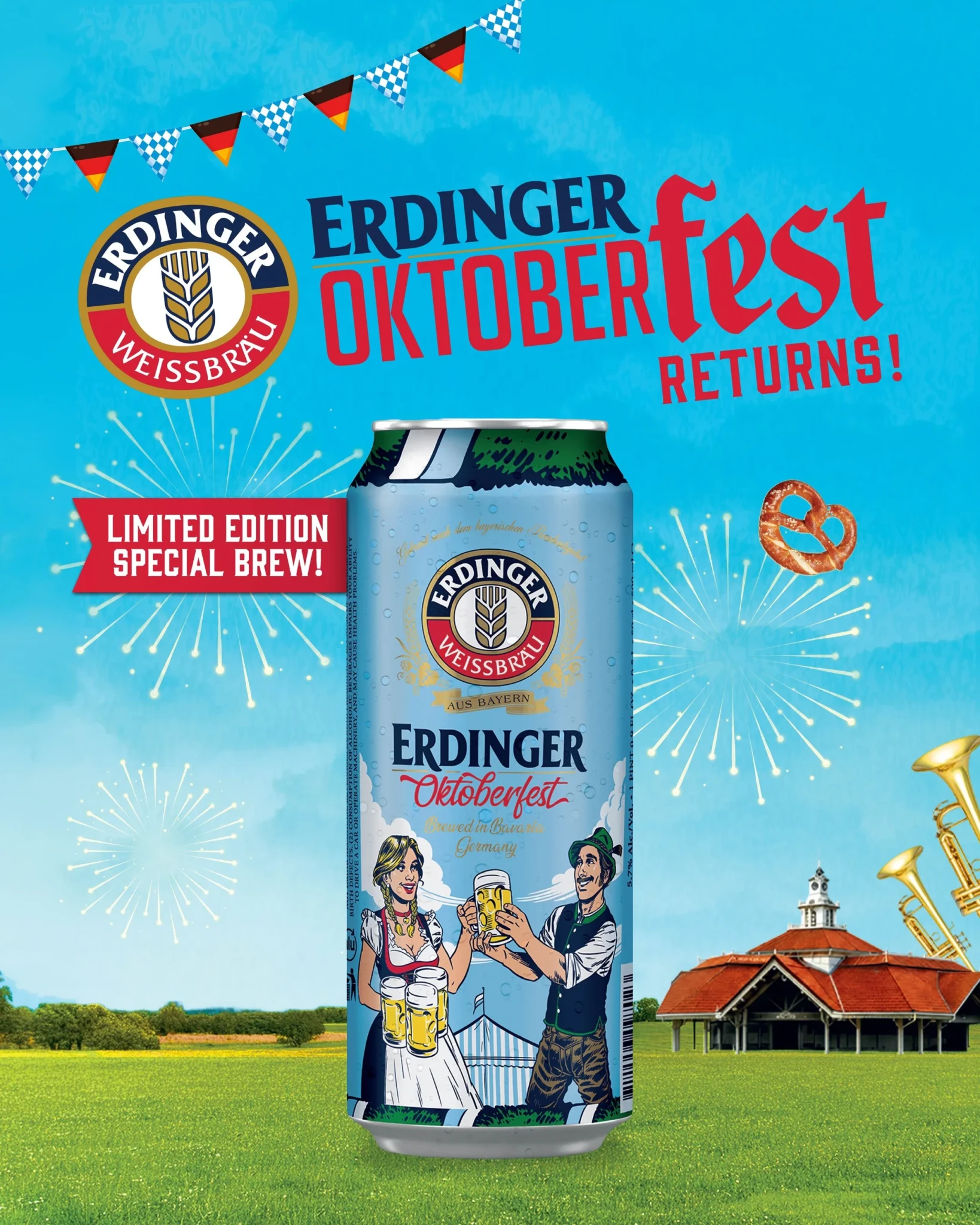 ERDINGER limited-edition Oktoberfest Brew can against a blue Bavarian festival backdrop with bunting and pretzels