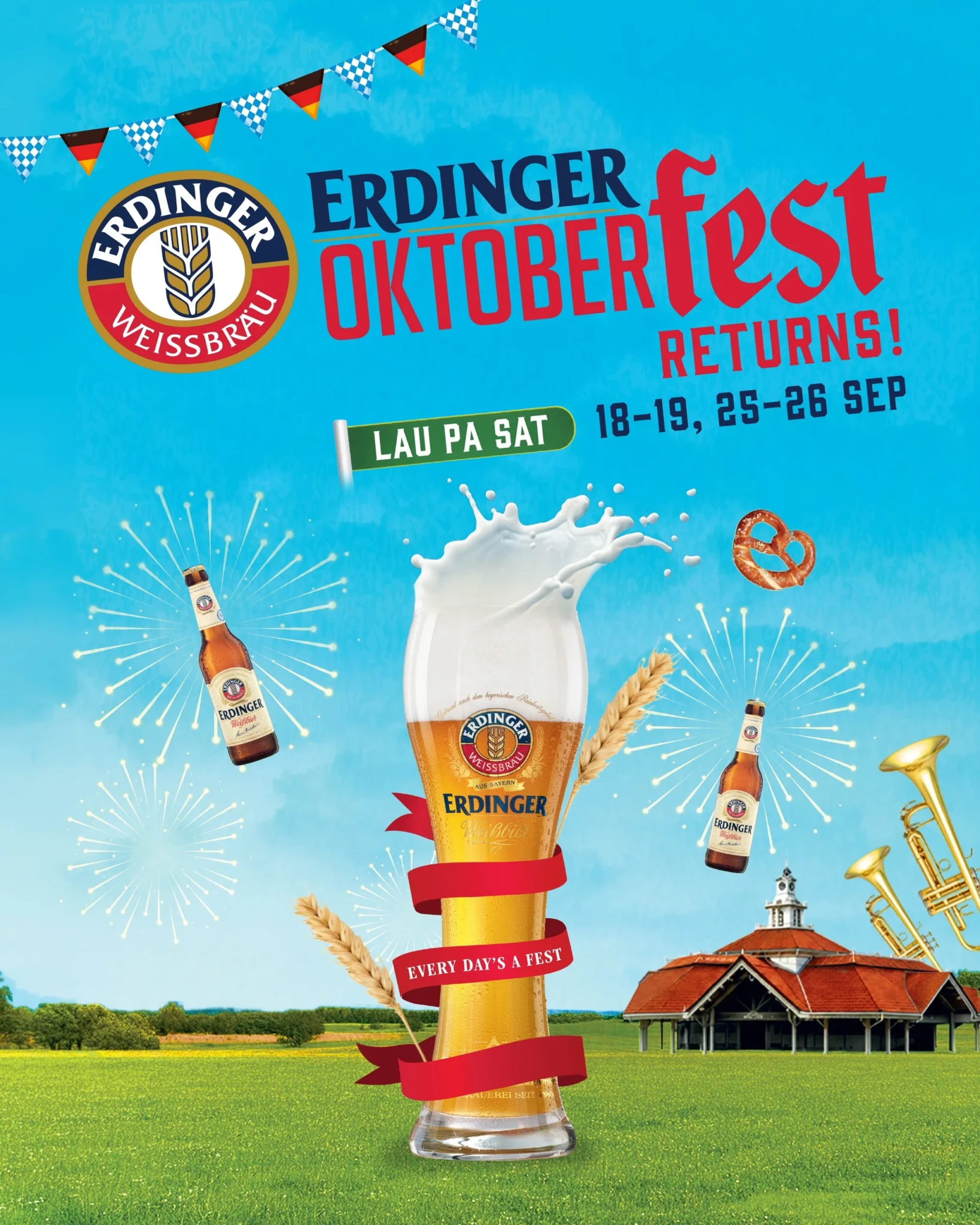 ERDINGER Oktoberfest at Lau Pa Sat promotional poster with a giant beer glass, pretzels, brass instruments, and a beer hall pavilion
