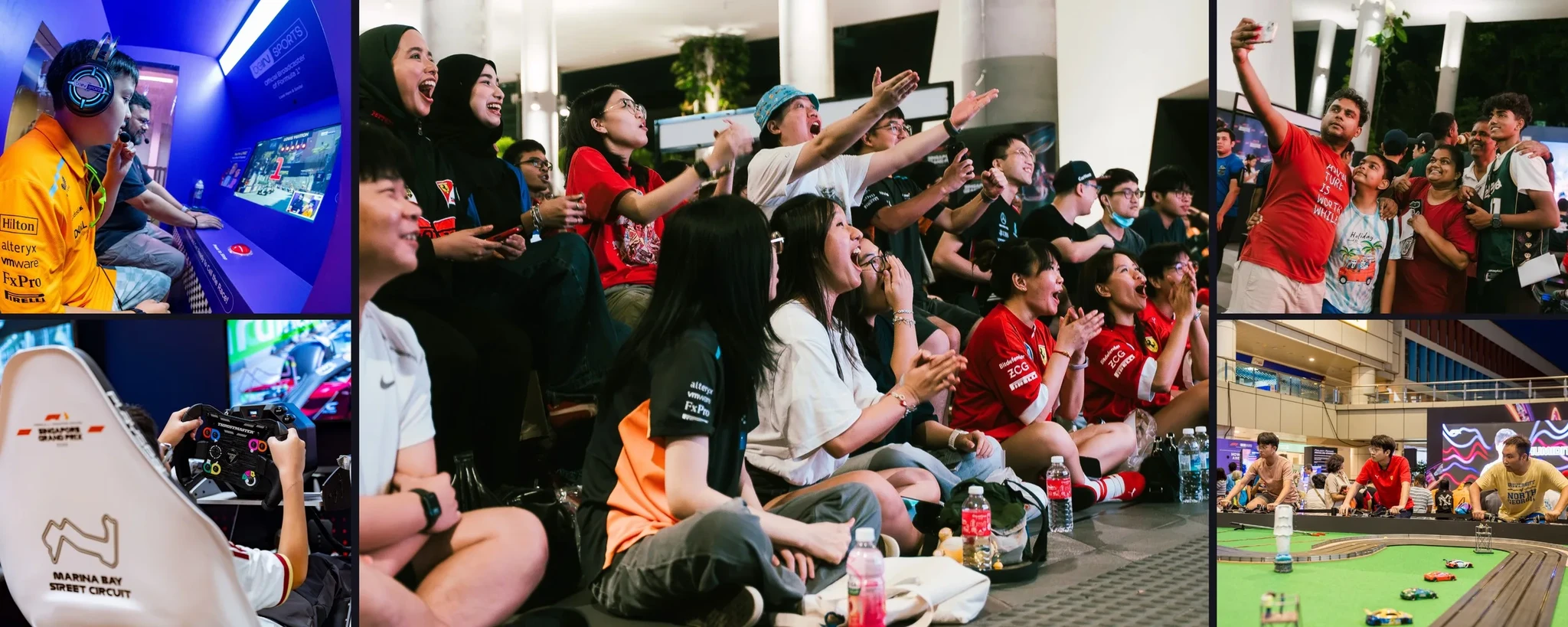 A photo collage of a Formula 1 fan event with a racing simulator and a crowd of spectators cheering at a screen