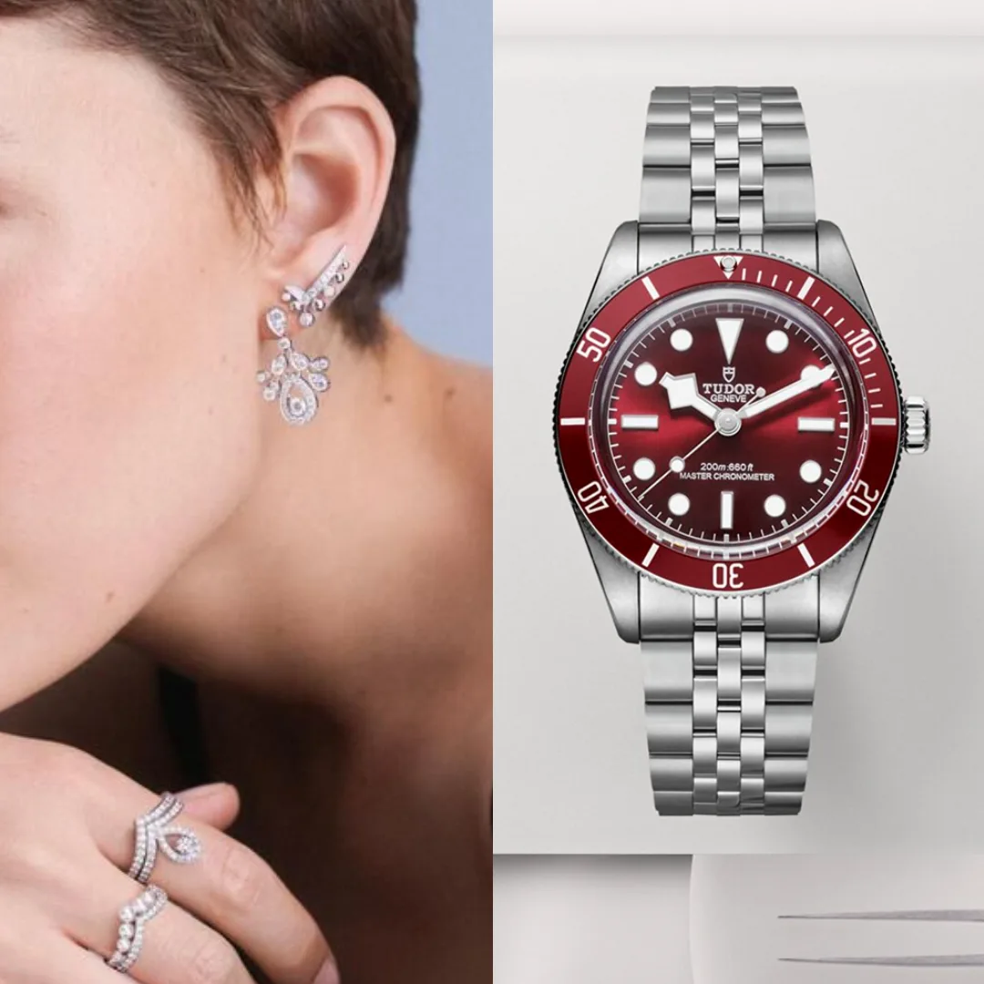 A woman wearing Chaumet diamond earrings and a ring beside a TUDOR Black Bay watch with a red bezel