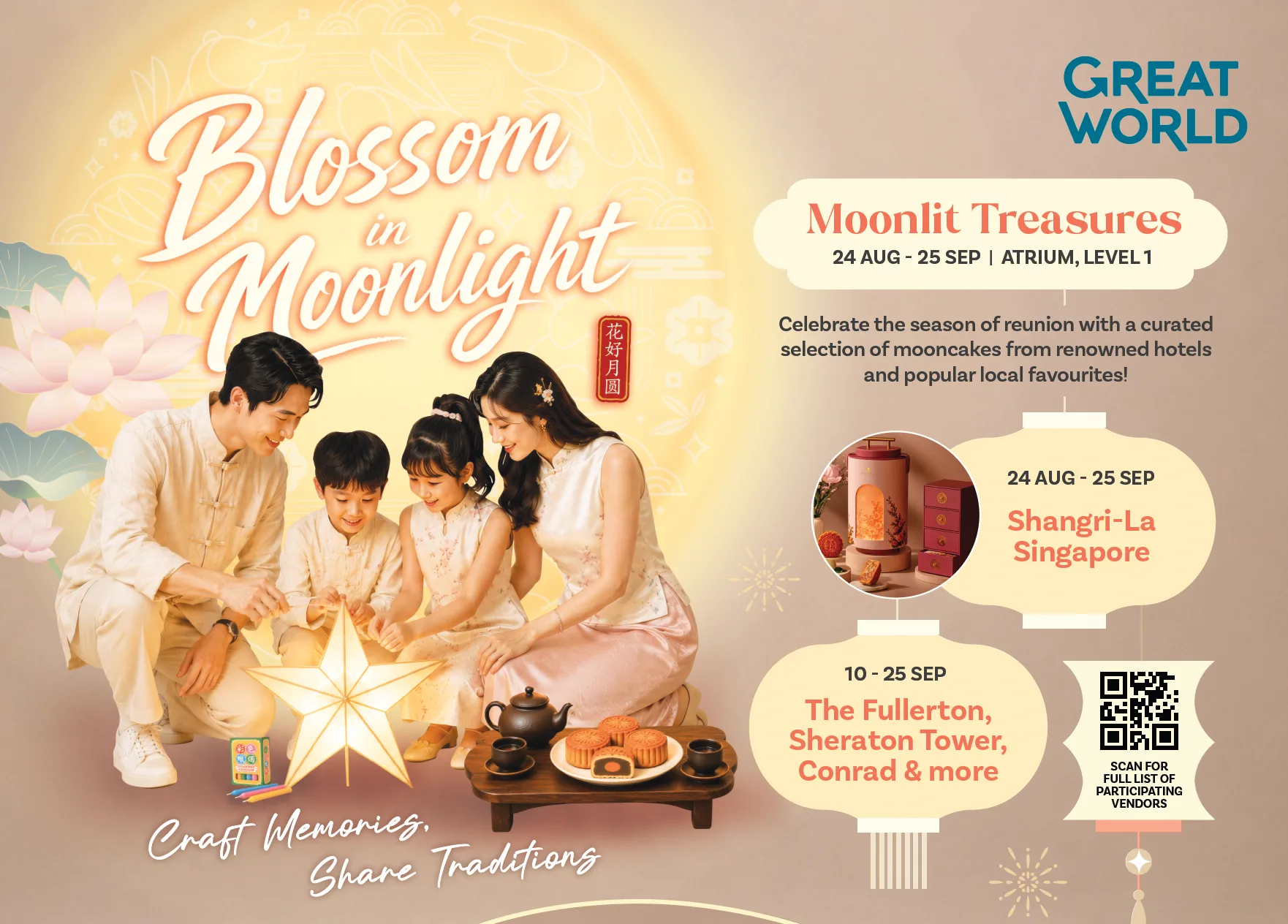 Great World Mid-Autumn artwork listing hotel mooncake brands at its Level 1 Atrium