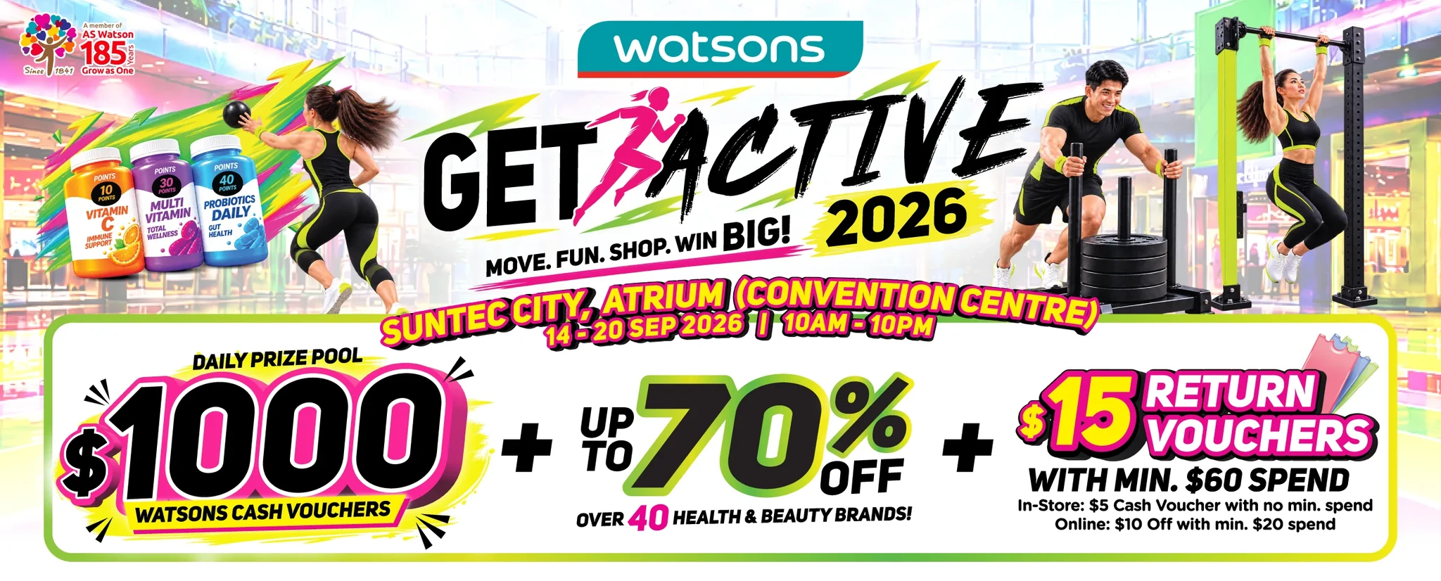 Watsons GET2ACTIVE event visual for Suntec City Atrium from 14 to 20 September 2026, with fitness activities, health and beauty products, and daily prizes