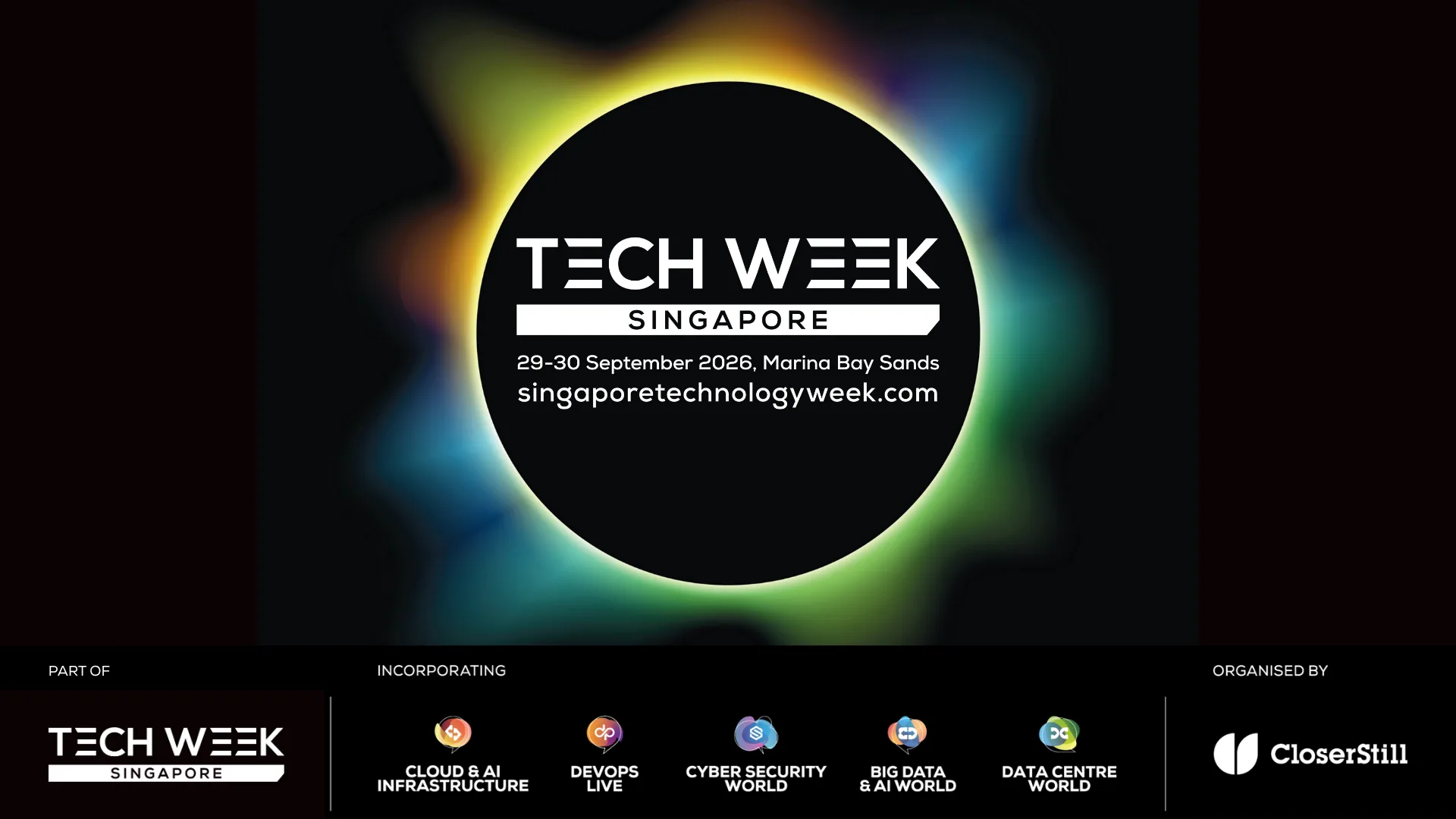 Tech Week Singapore key art for the event at Marina Bay Sands, 29-30 September 2026, featuring a circular logo with glowing rings of yellow, blue and green.