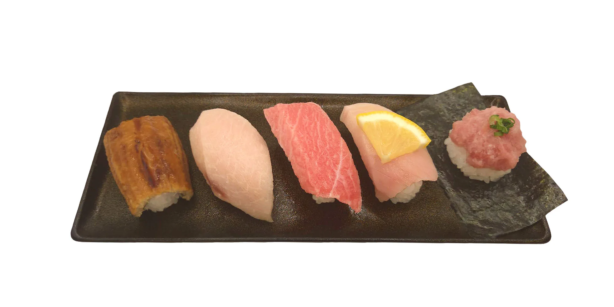 Toro Platter 5 Ways with five nigiri arranged on a dark rectangular plate