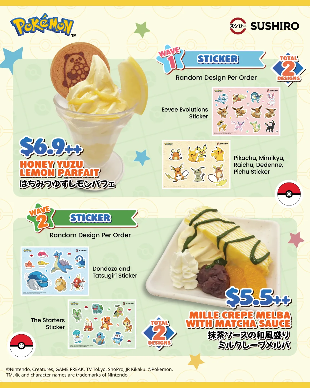 Campaign dessert menu showing the Honey Yuzu Lemon Parfait and Mille Crepe Melba with their sticker sets