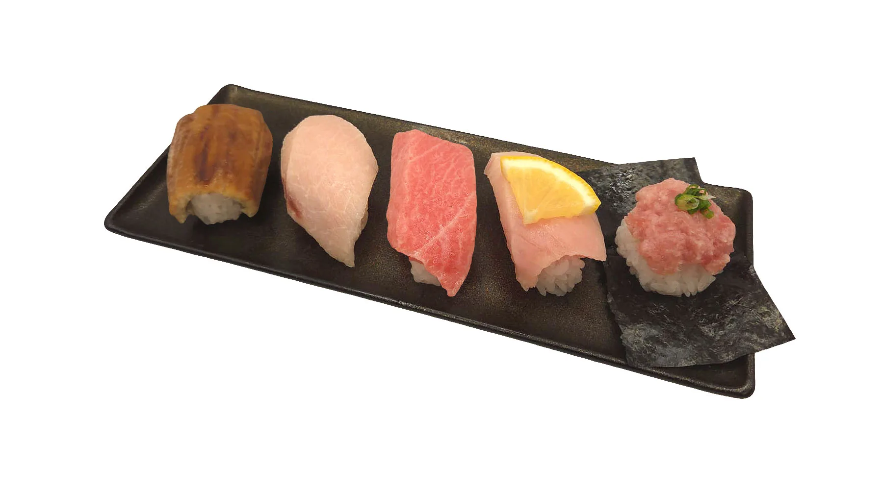 Toro Platter 5 Ways Mini with five pieces of nigiri on a black plate