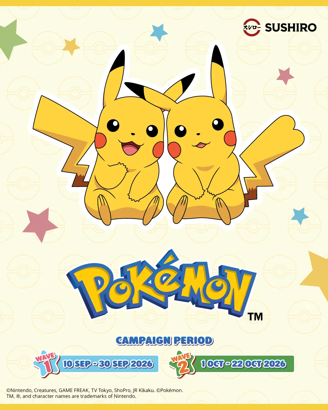 SUSHIRO Singapore Pokémon campaign key visual with Pikachu and the Wave 1 and Wave 2 dates