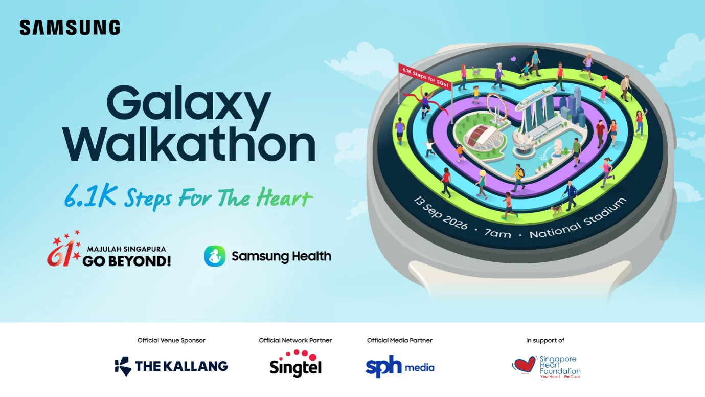Samsung Galaxy Walkathon poster with an illustrated stadium and walkers