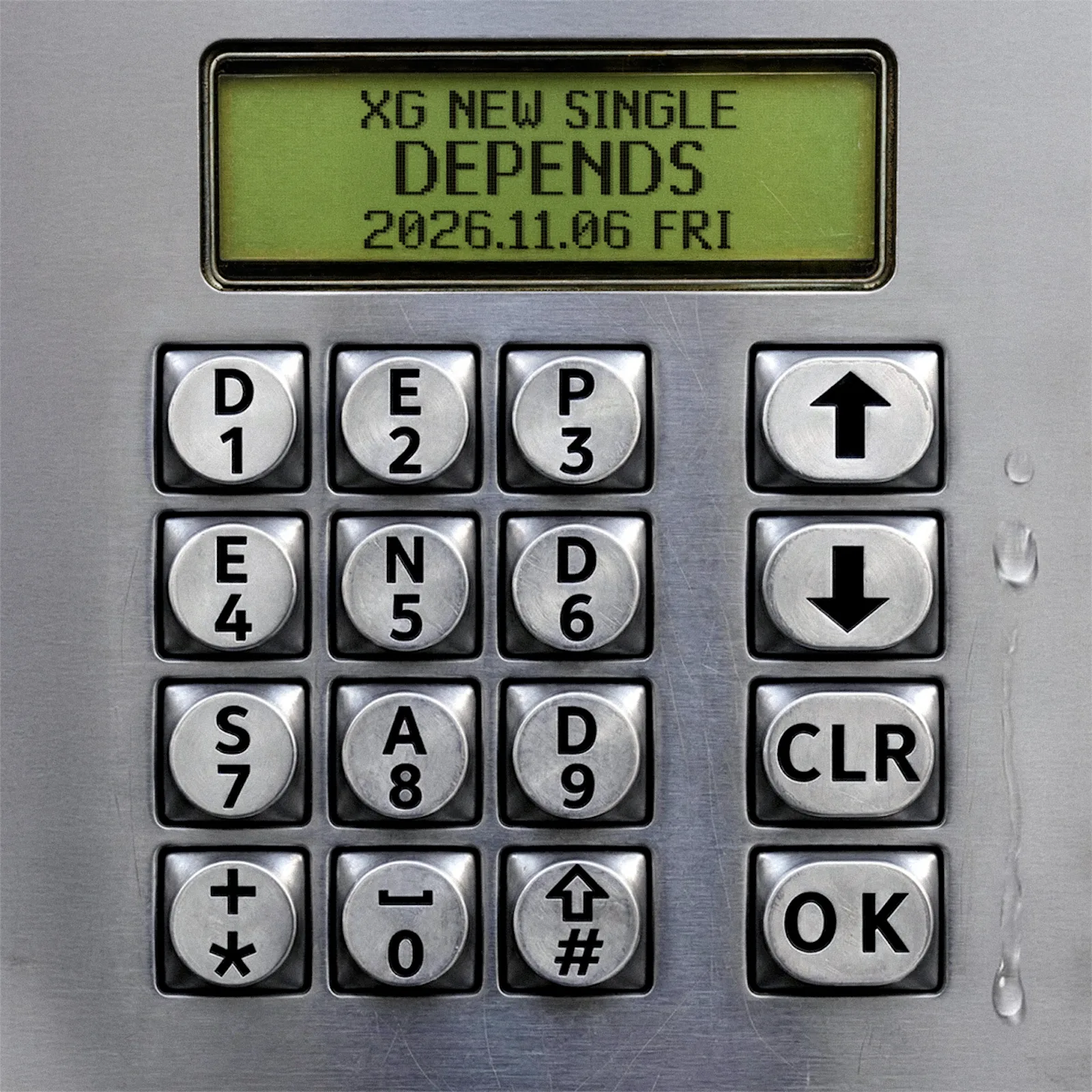 Retro calculator-style announcement for XG's single DEPENDS showing the release date 2026.11.06
