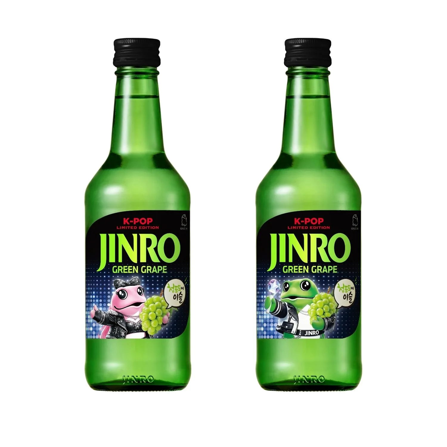 JINRO Green Grape K-Pop special edition bottles with pink and green toad labels