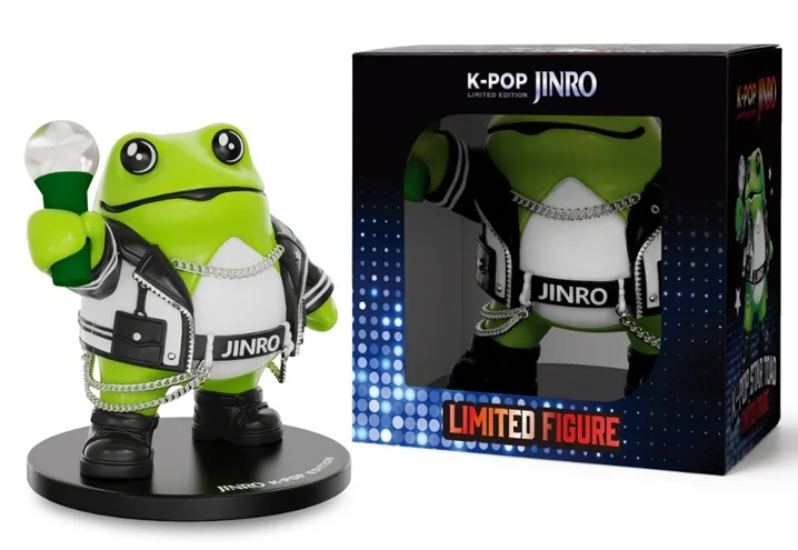 K-Pop JINRO Toad collectible figure with chain necklace and headphones, next to its limited edition packaging box