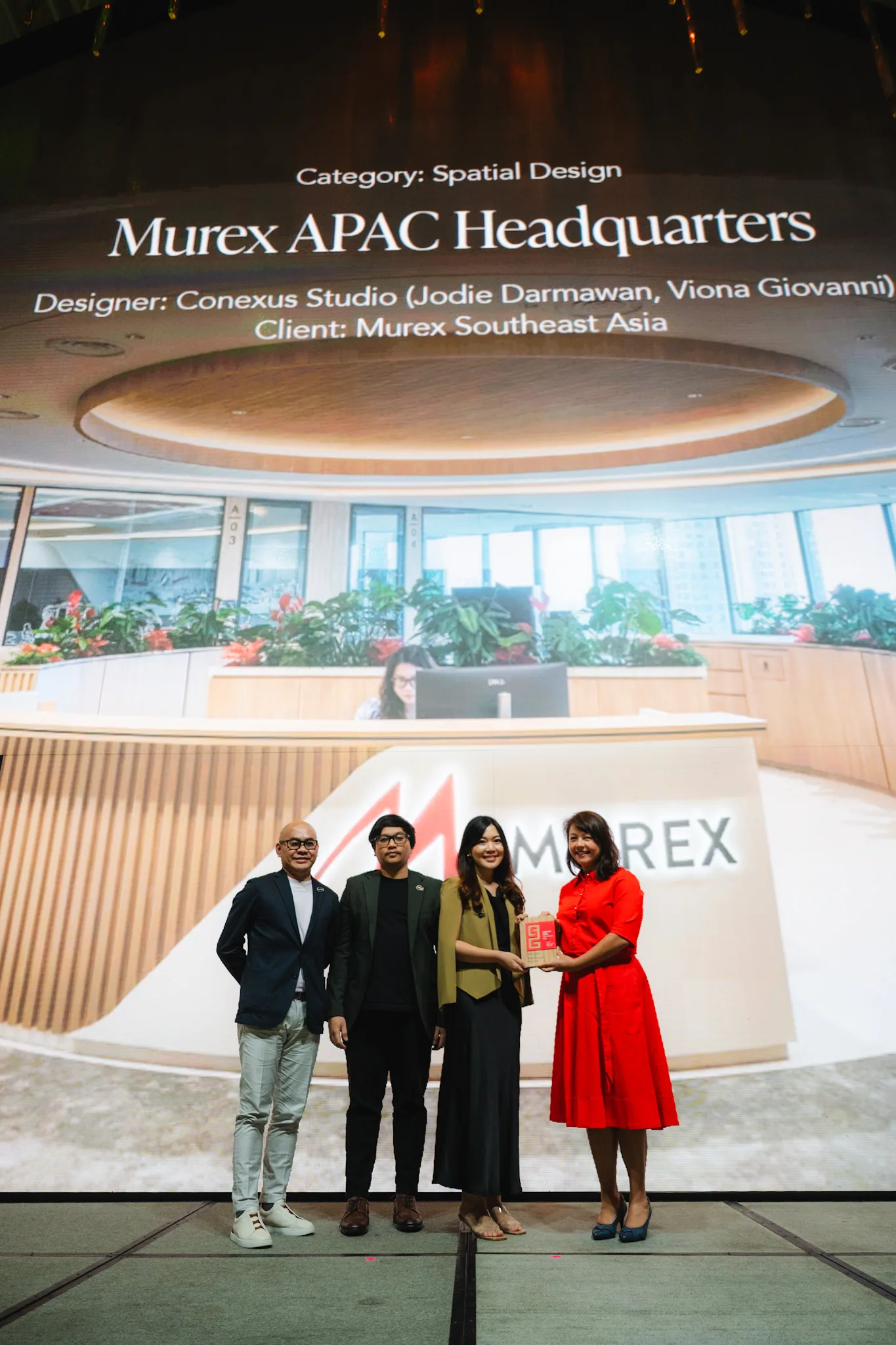 The Murex APAC Headquarters office interior by Conexus Studio, with a wooden circular ceiling