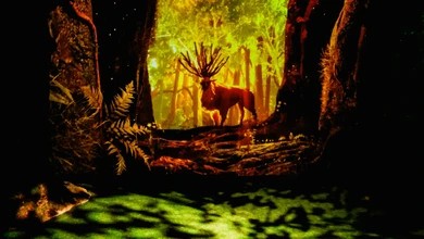 A red forest spirit with spiked antlers standing in a glowing yellow-green forest clearing