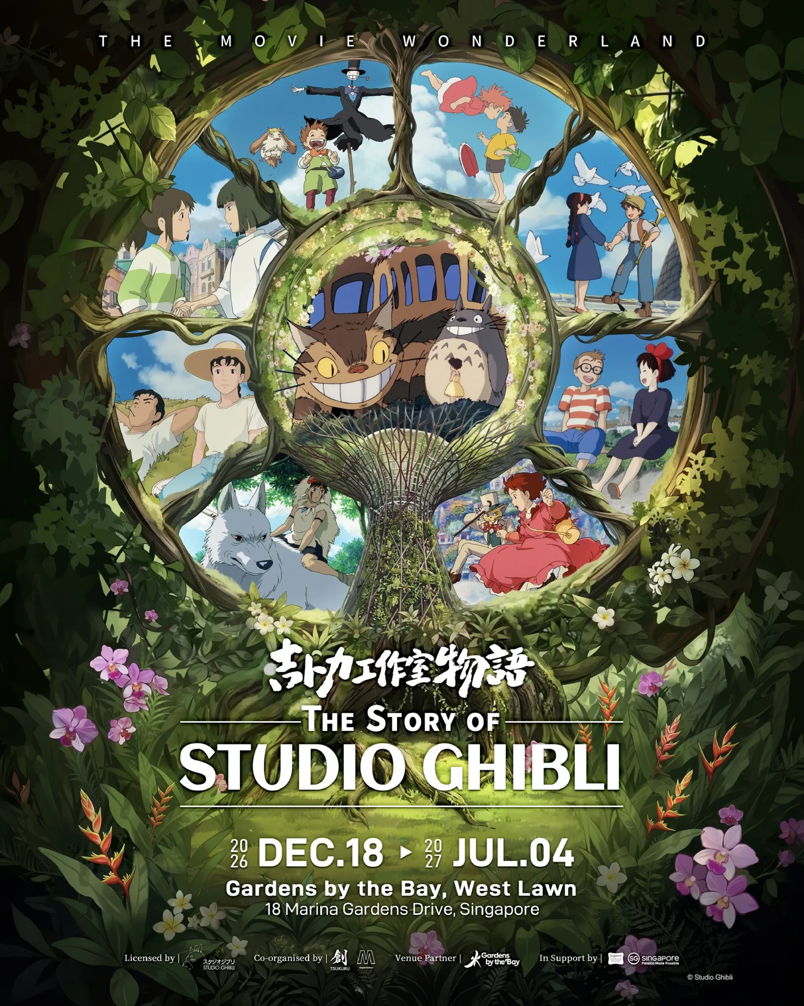 Key art for The Story of Studio Ghibli exhibition, showing characters from across the studio's films gathered around a central tree