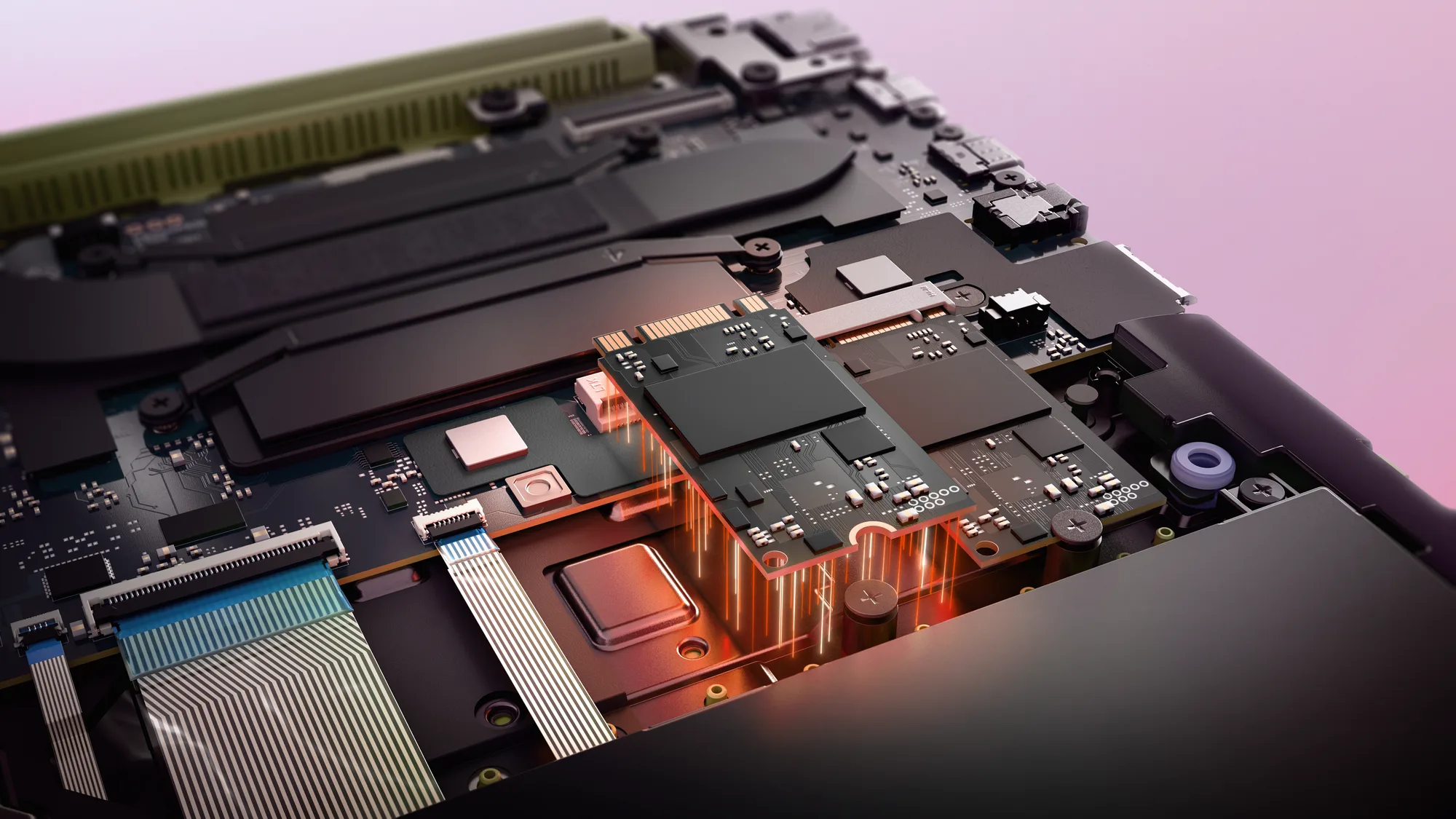 Internal components of the Lenovo IdeaPad Vibe 14 lit with orange accents