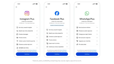 Three phone screens showing the Instagram Plus, Facebook Plus and WhatsApp Plus plans with features and pricing