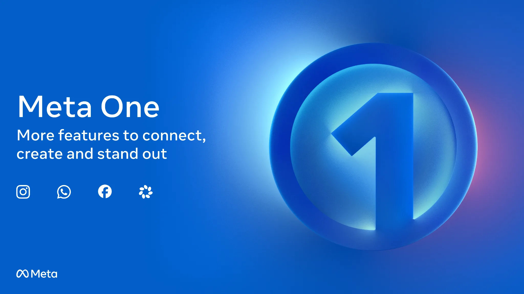 Meta One key art with the Instagram, WhatsApp, Facebook and Meta icons on a blue gradient