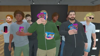 A group of in-game avatars posing with colourful product boxes in a wood-panelled venue with a display screen