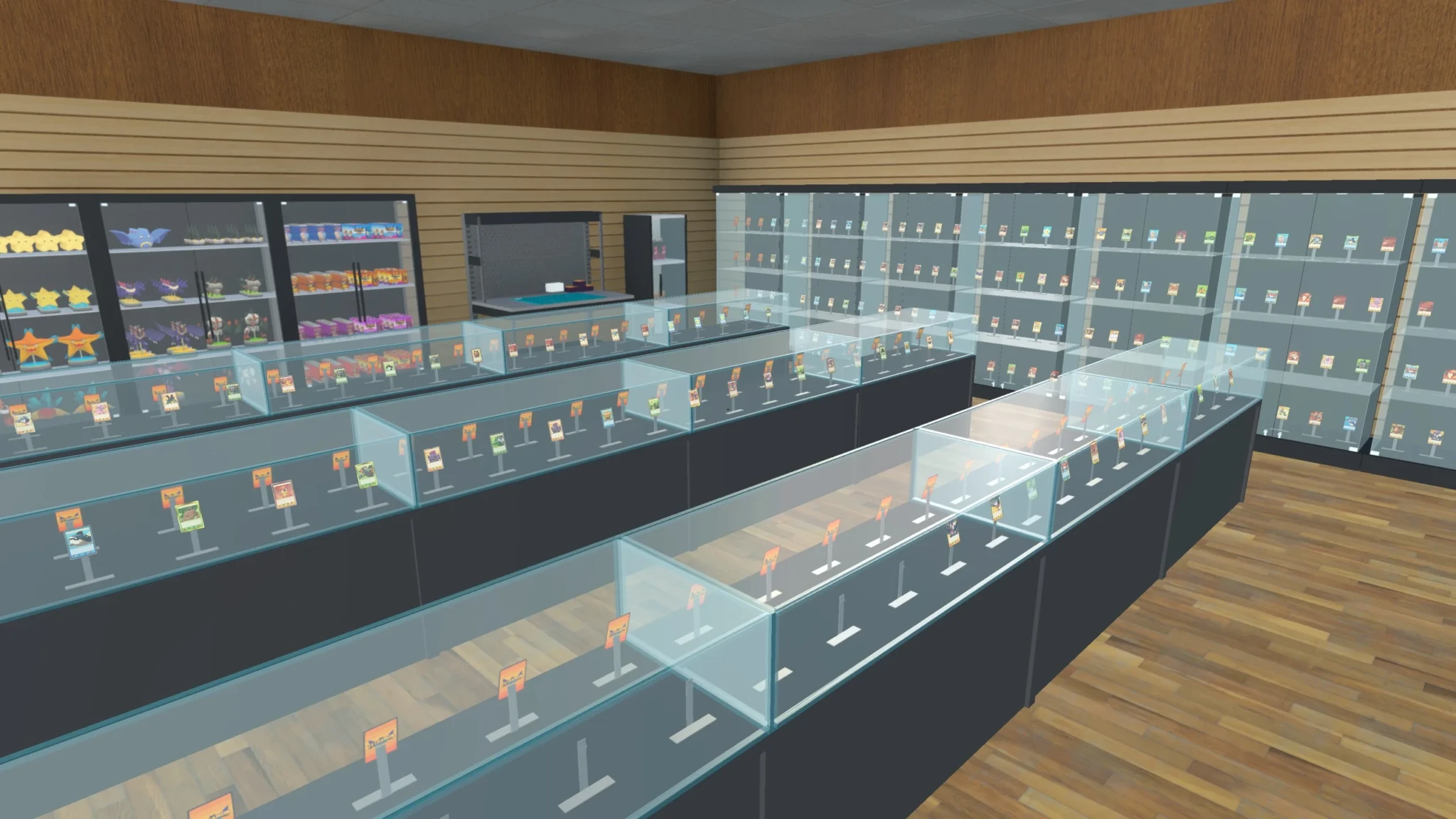 A virtual card shop interior lined with glass display cases of collectible figurines under skylights