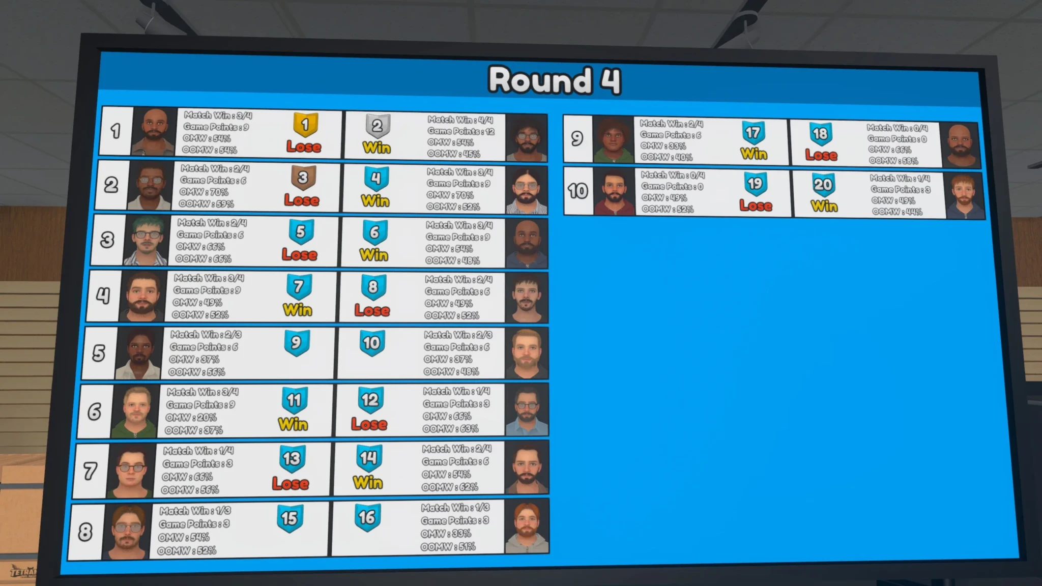 An in-game tournament leaderboard showing Round 4 results, player stats, and win-loss records