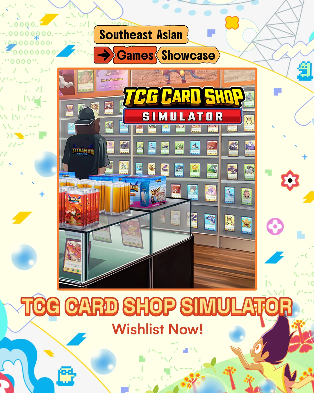 Vertical promotional artwork for TCG Card Shop Simulator made for the Southeast Asian Games Showcase