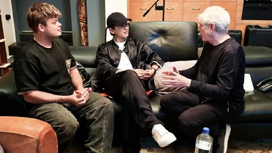 Jason Zhang in a recording studio with Jesus Molina and Bobby Colomby