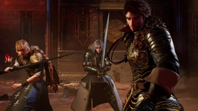 Three characters in ornate gothic armour face each other in a stone castle hall