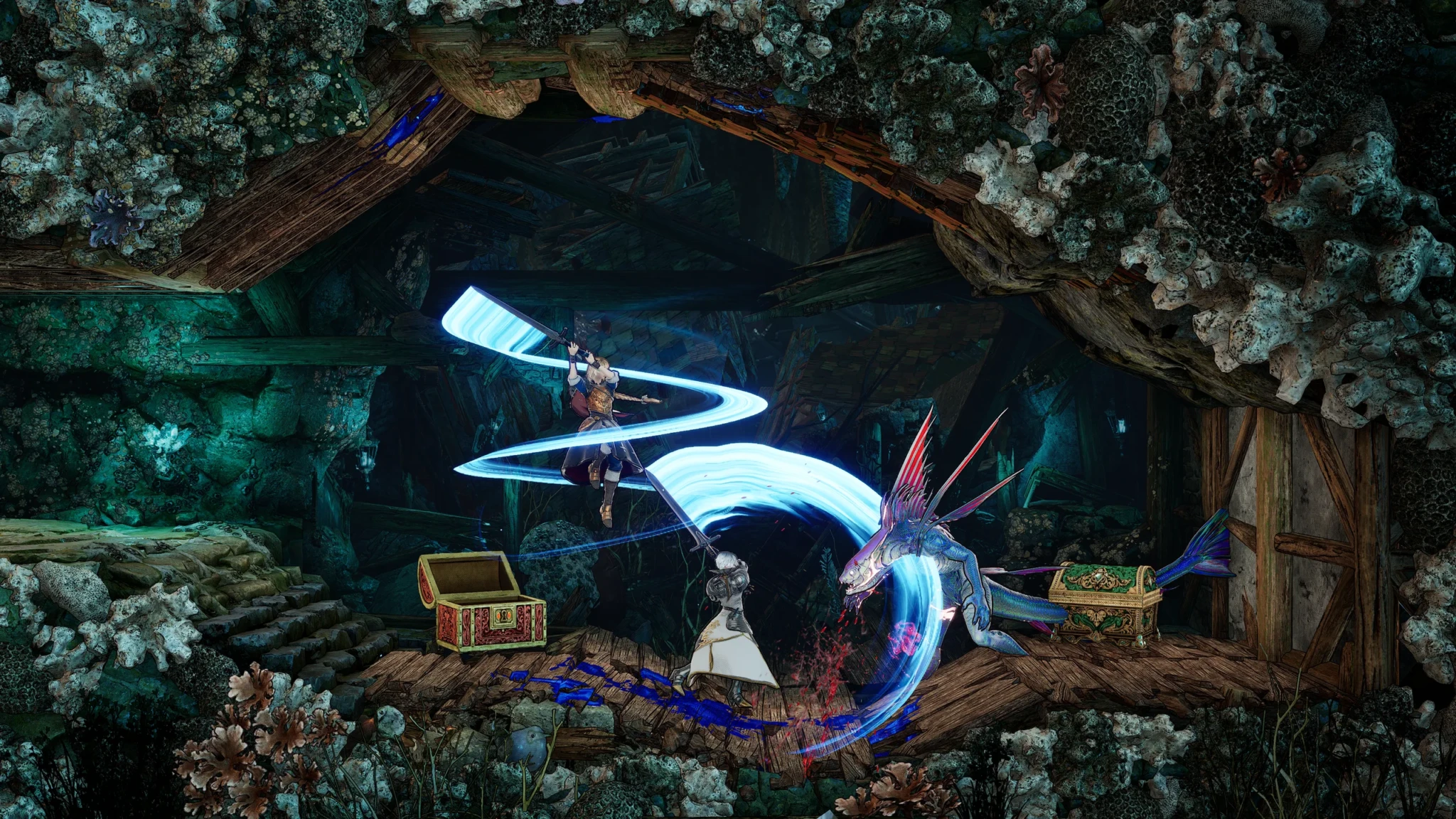 A character battles a winged creature in a glowing cavern in Bloodstained: The Scarlet Engagement