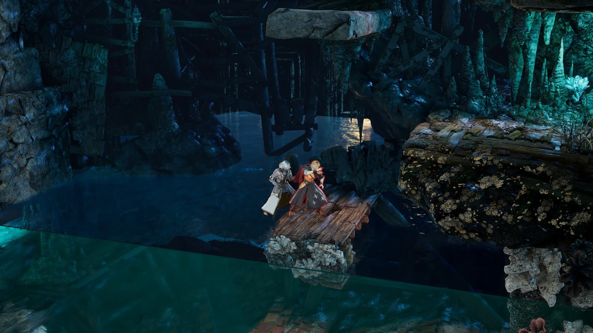A silver haired character in a red tunic stands on wooden planks in a flooded gothic cavern