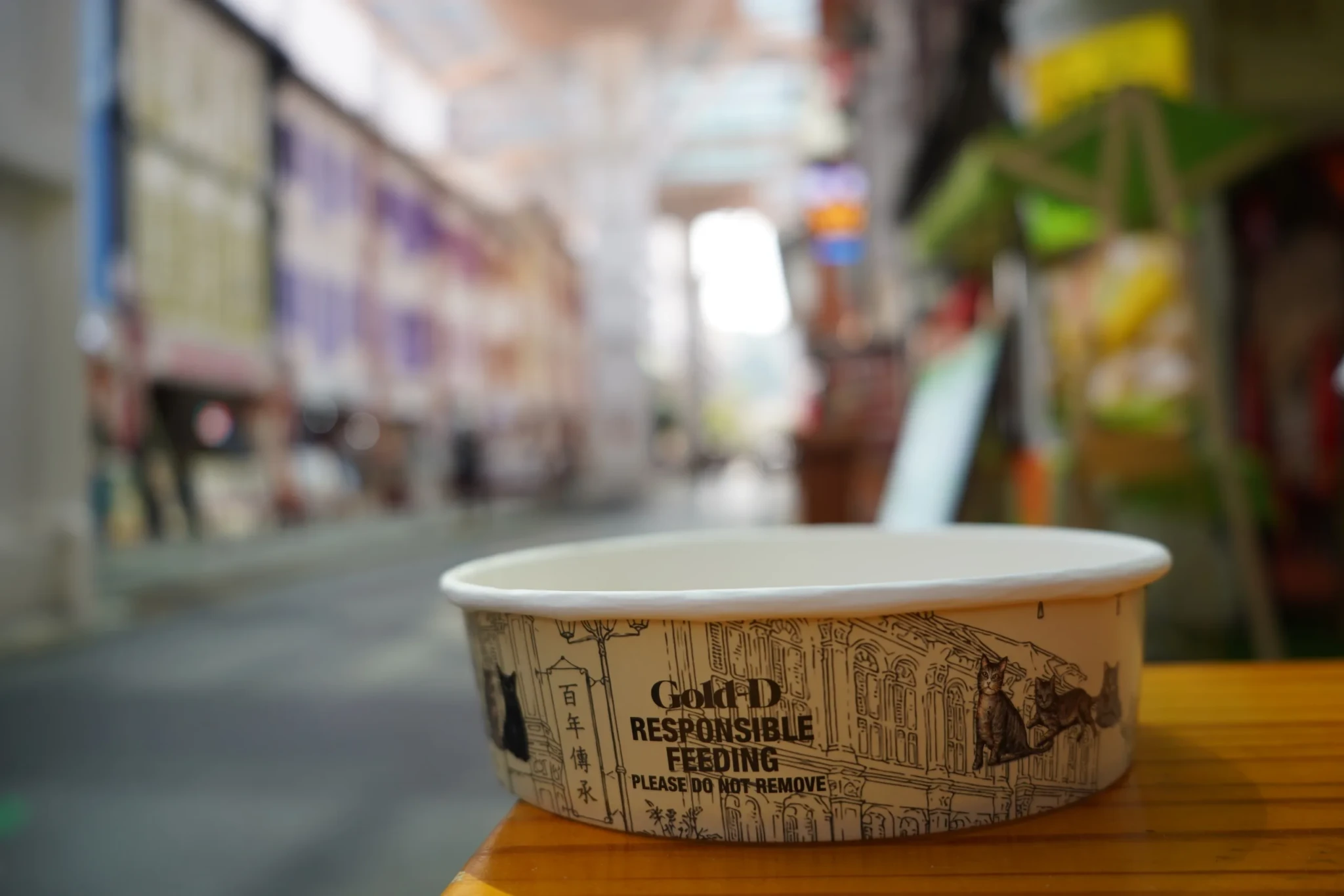 The Cats of Chinatown feeding bowl in mural style, photographed outdoors
