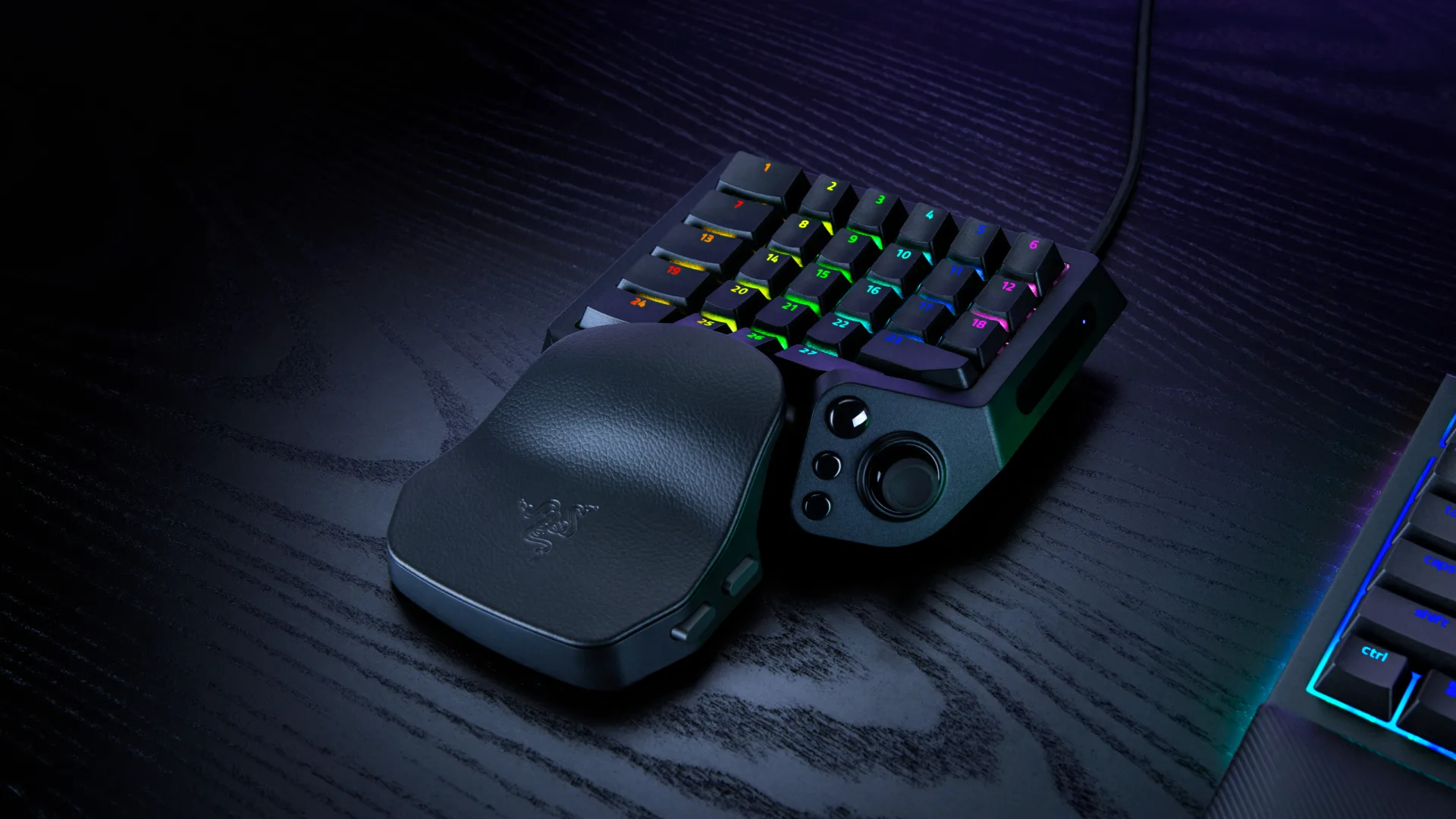 Razer Tartarus V2 Pro keypad shown with its adjustable ergonomic wrist rest
